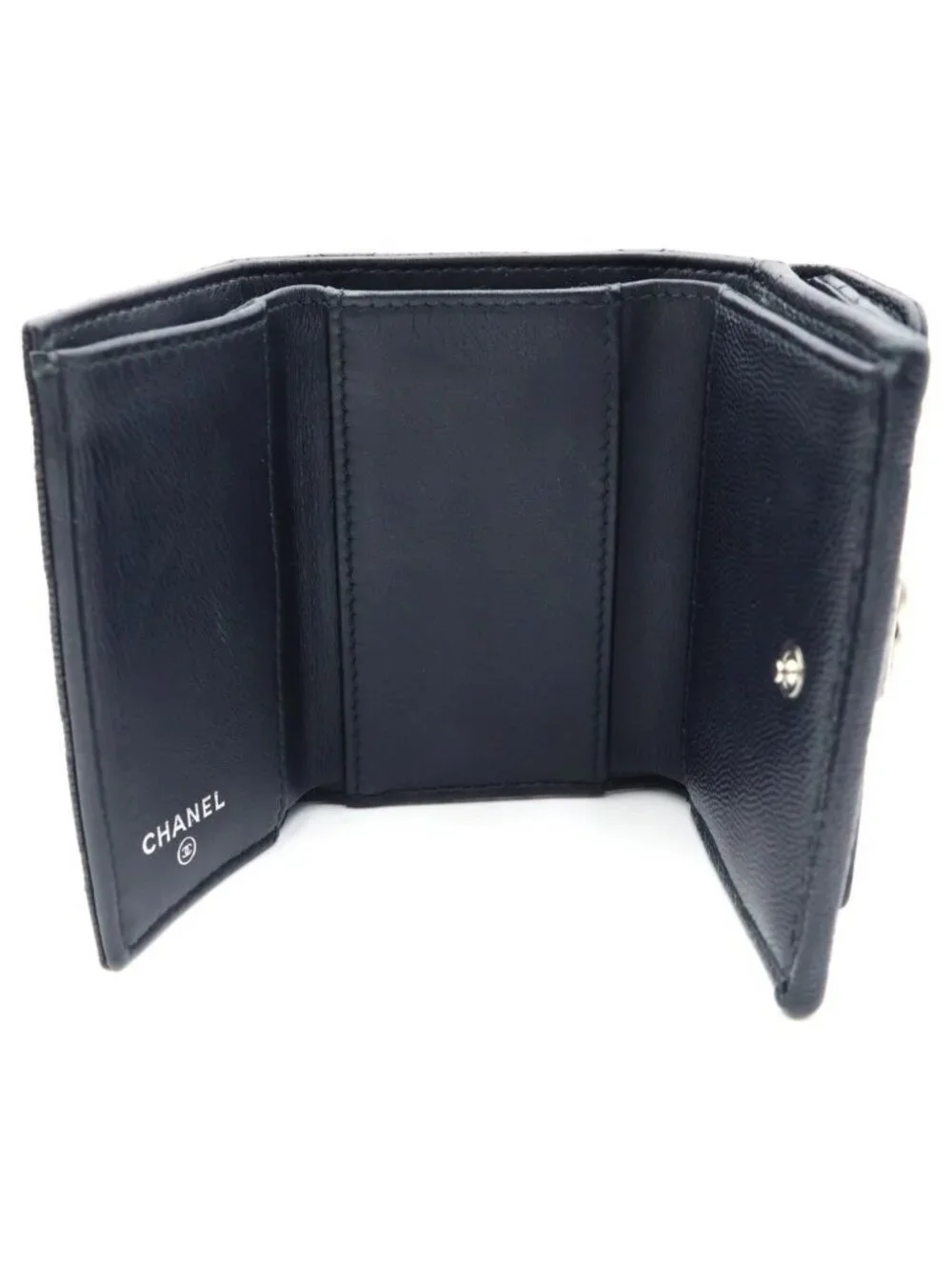 Chanel Boy Trifold Wallet Compact Coin Purse Black Caviar Leather Silver